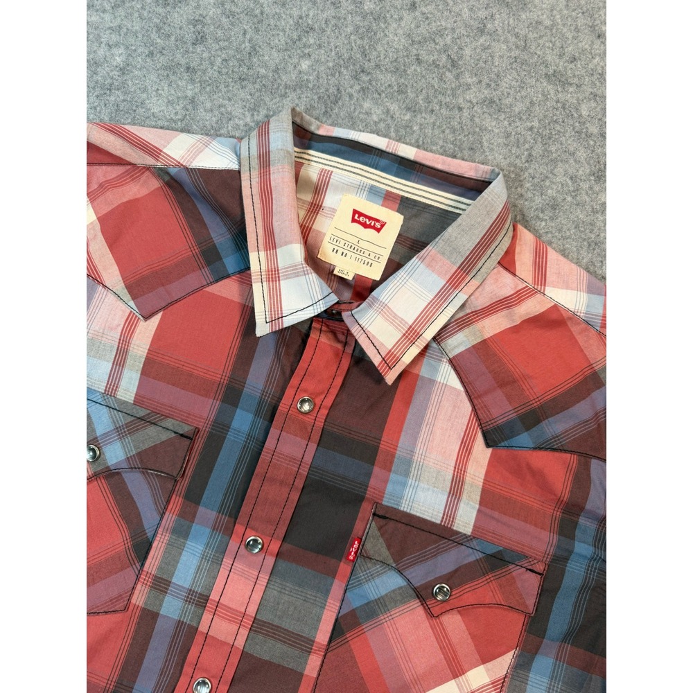 Levis Mens Short Sleeve Western Pearl Snap Plaid Shirt Red Blue Large